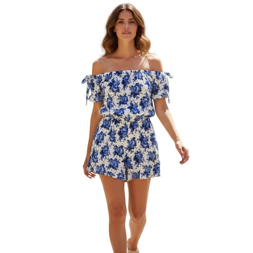 Shien Romper  Blue & White Floral  Size M #10
